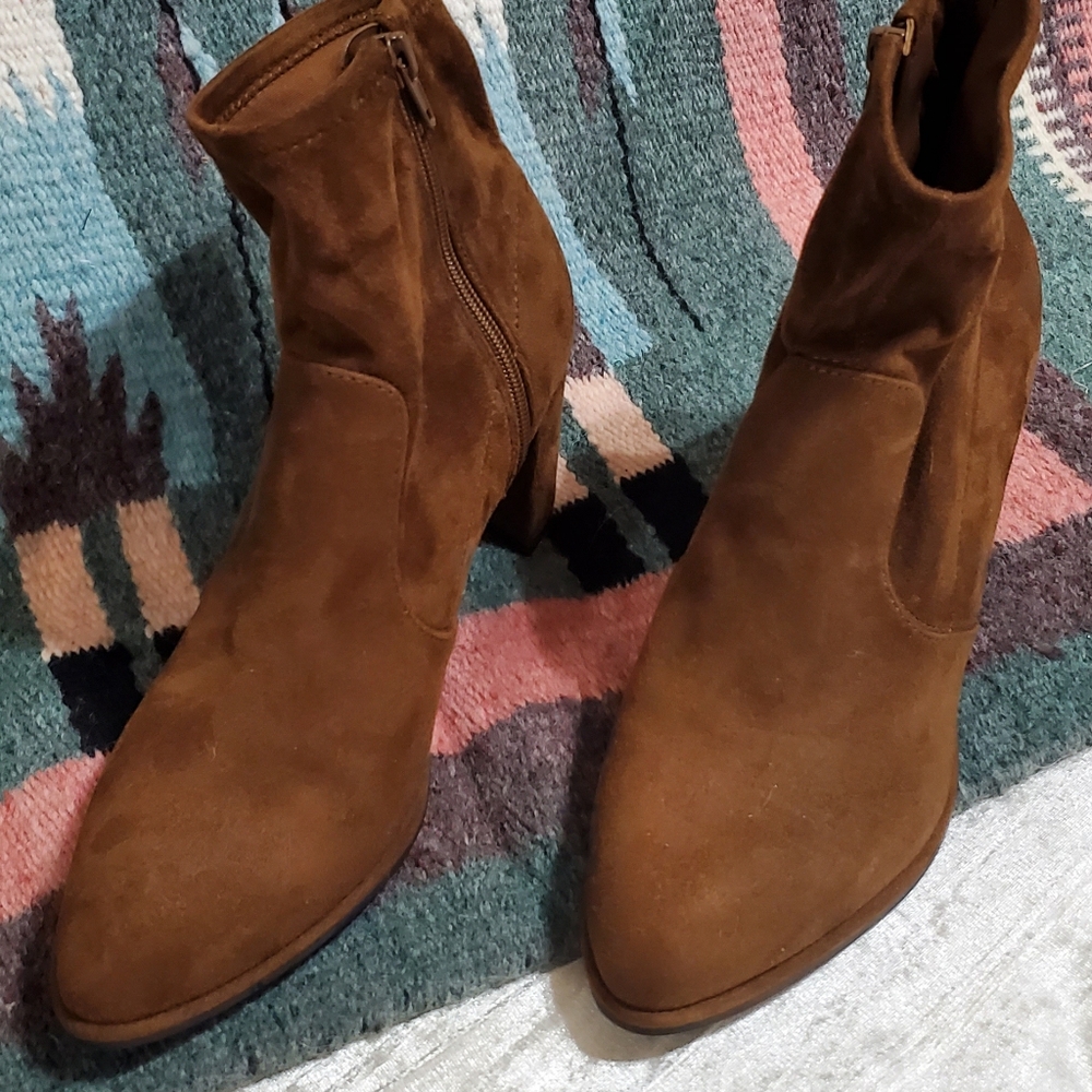Womens faux suede heeled booties,  size 8.